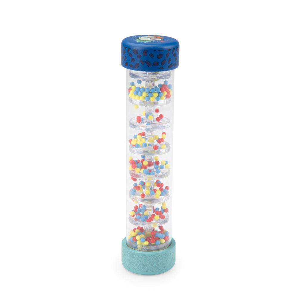 A clear plastic rain stick filled with colorful beads in red, yellow, and blue. It has a turquoise top with a playful design and a blue base.