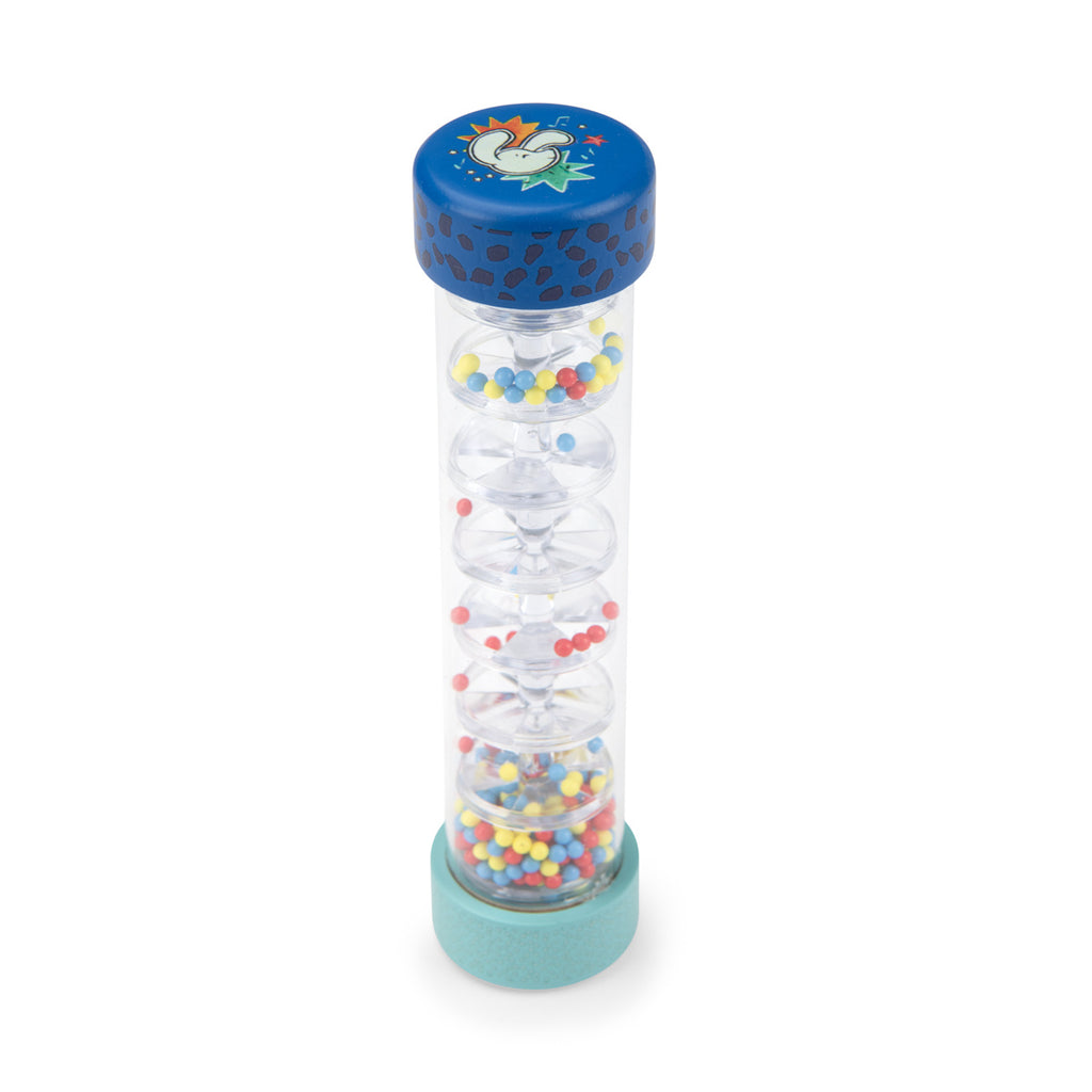 A clear plastic rain stick filled with colorful beads in red, yellow, and blue. It has a turquoise top with a playful design and a blue base.