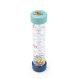 Moulin Roty rainmaker toy with colorful beads cascading down a clear plastic tube on white background.