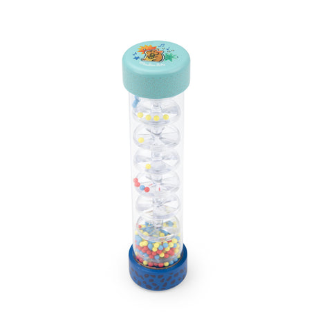 Moulin Roty rainmaker toy with colorful beads cascading down a clear plastic tube on white background.