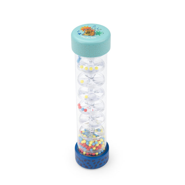 Moulin Roty rainmaker toy with colorful beads cascading down a clear plastic tube on white background.