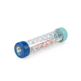 Clear plastic baby rain stick toy with colorful beads and a spiral cascade on a white background.