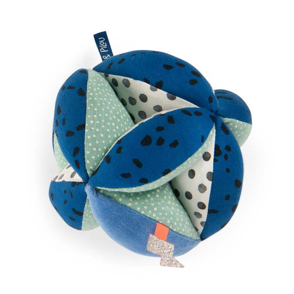 A colorful, textured plush toy ball featuring intertwining blue, teal, and white sections with black spots, evoking a playful and cheerful tone.