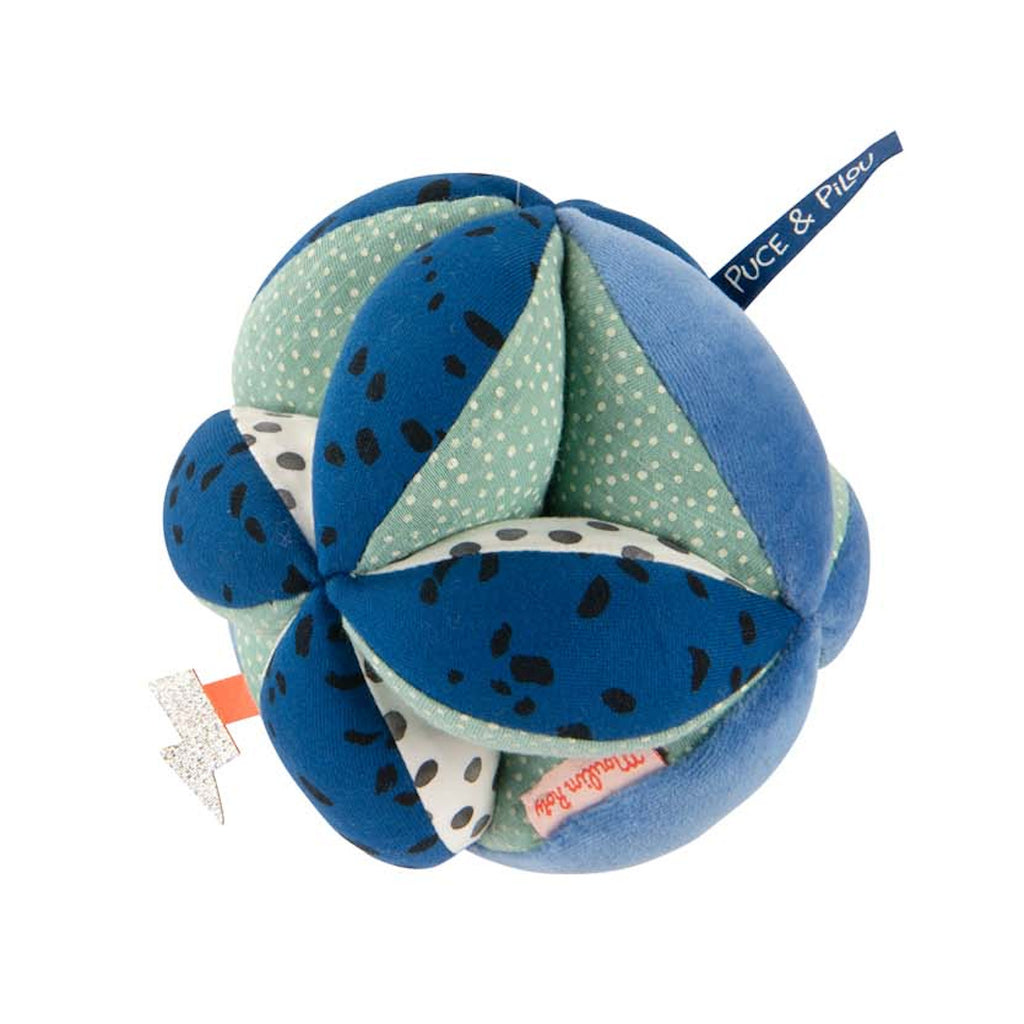 A colorful, textured plush toy ball featuring intertwining blue, teal, and white sections with black spots, evoking a playful and cheerful tone.
