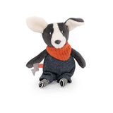 Plush small Pilou dog toy with orange scarf and striped legs.