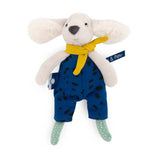 Puce & Pilou small plush dog wearing blue spotted overalls and a yellow scarf.