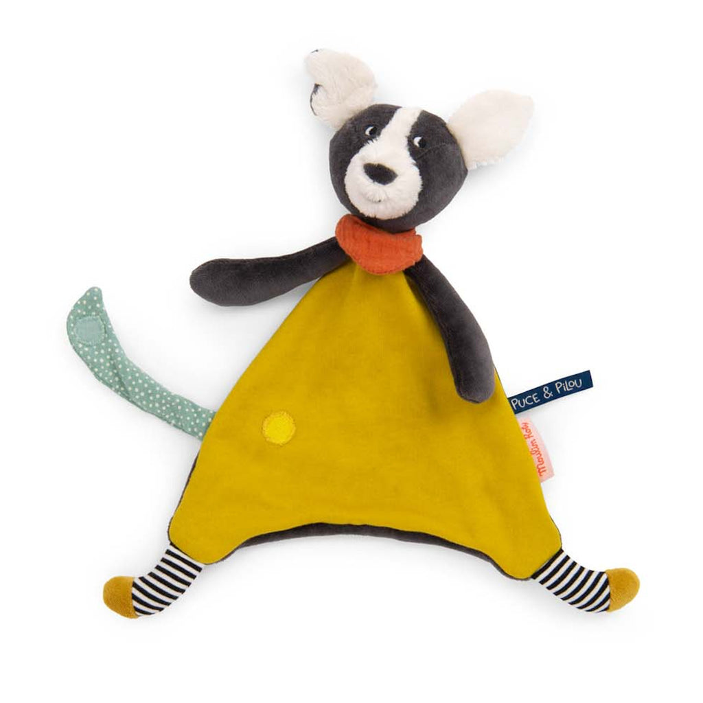 Soft toy dog with black head, white ears, and snout. It has a yellow triangular body, red neckerchief, striped legs, and a green polka-dot tail. Cheerful tone.