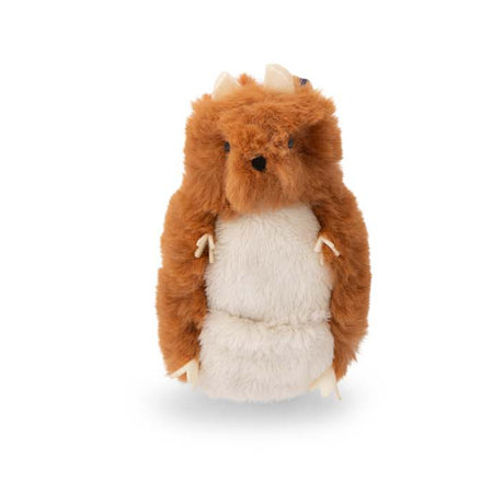 Plush brown squirrel puppet with a white belly, small felt claws, and soft fur on a plain white background.