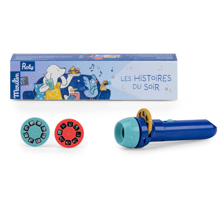 Moulin Roty storybook torch with packaging and two projection discs.