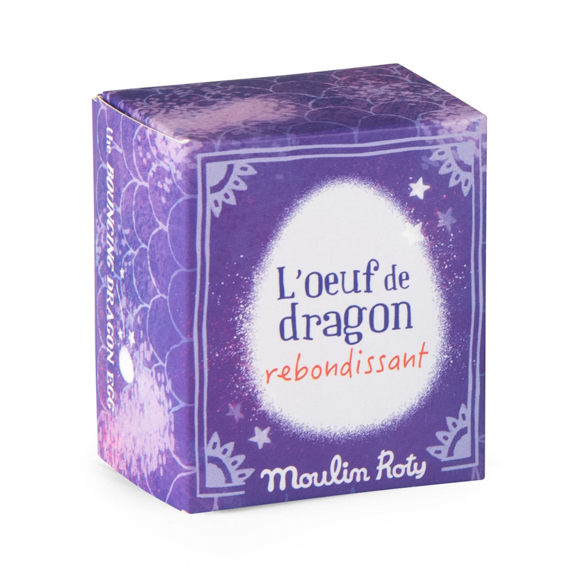Purple Moulin Roty bouncing dragon egg toy packaging box.
