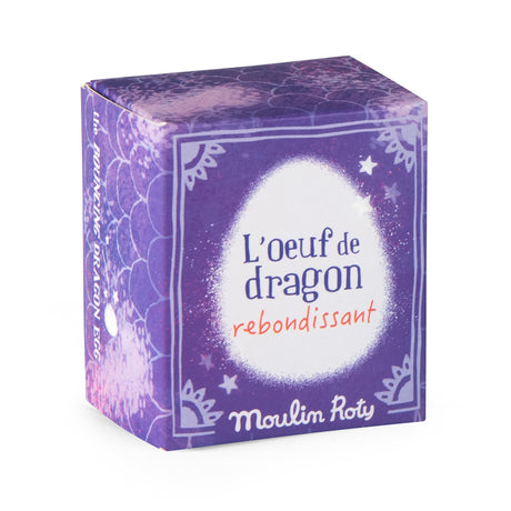 Purple Moulin Roty bouncing dragon egg toy packaging box.
