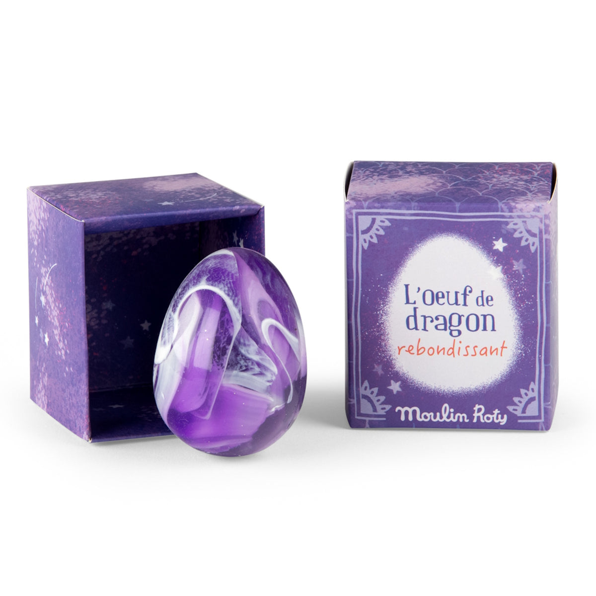 Moulin Roty purple bouncy dragon egg toy with its matching display box.