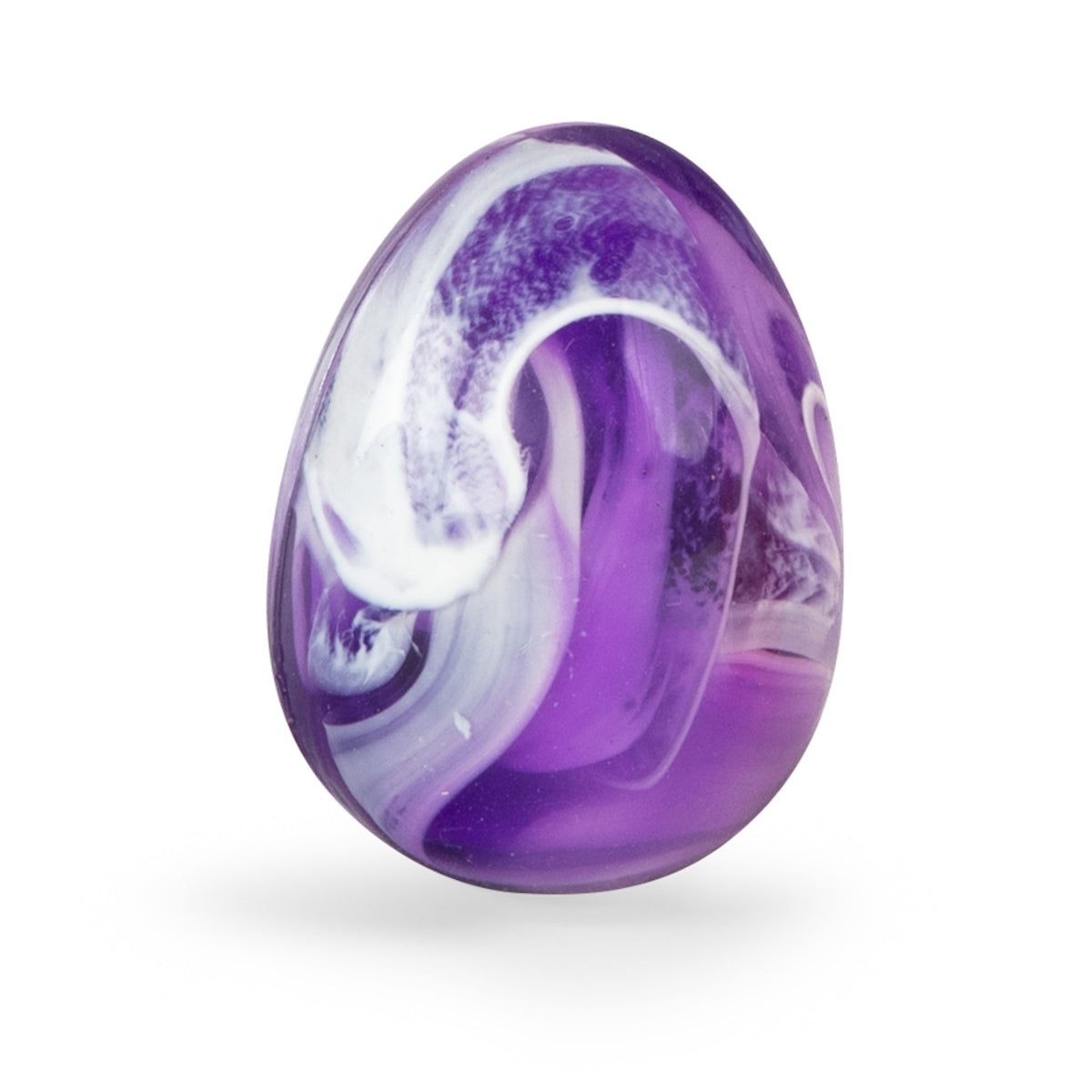 Purple and white swirled glass dragon egg with glossy finish on a clean white background.