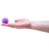 A small purple fuzzy textured ball resting on the fingertips of an open, outstretched hand.