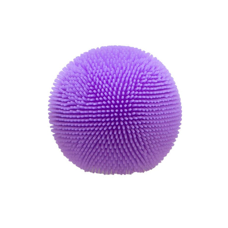 A round, textured purple sensory ball covered in soft, spiky rubber nodules on a plain white background.