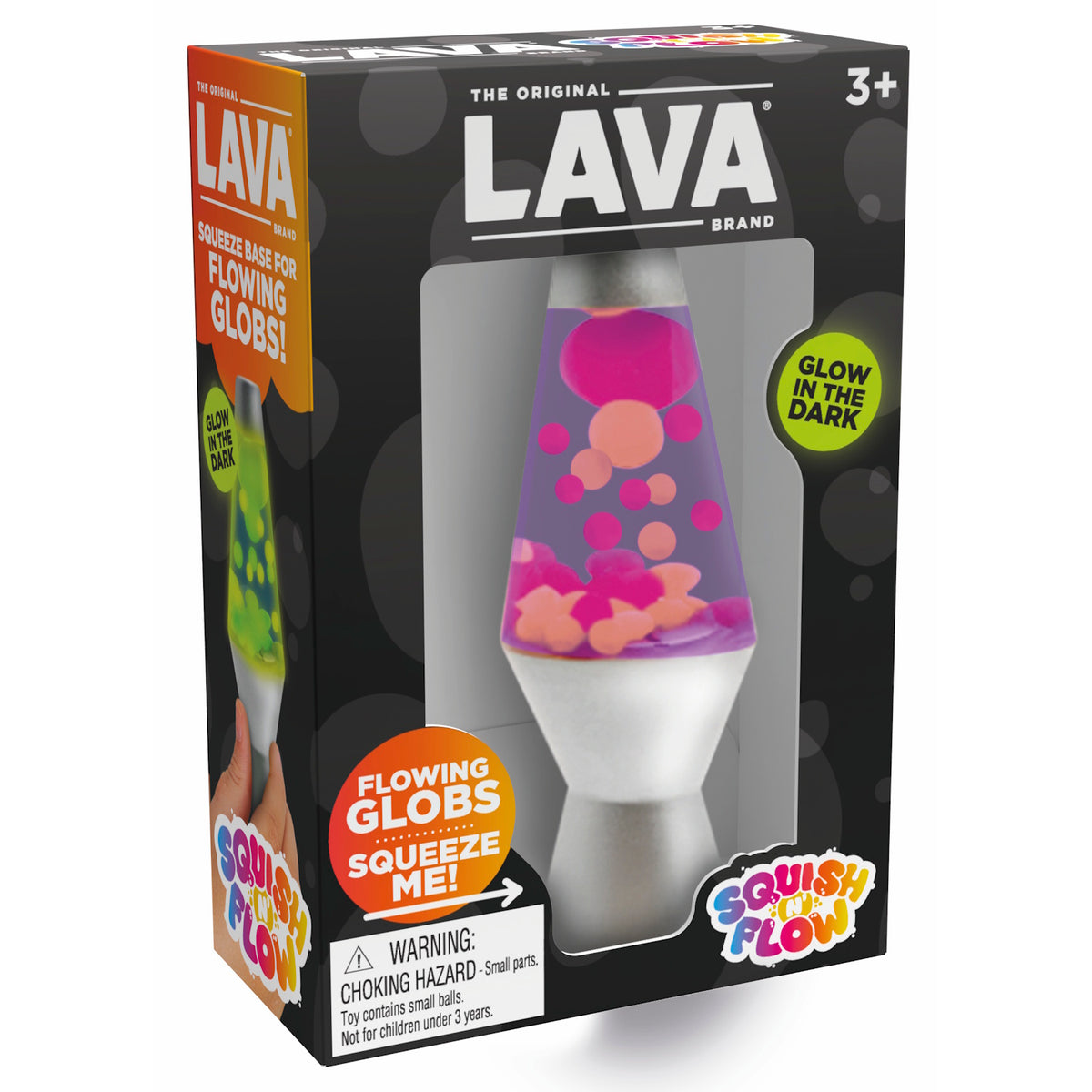 Original Lava Brand Squish N' Flow glow-in-the-dark sensory toy lamp for kids 3+ with pink and orange flowing globs.