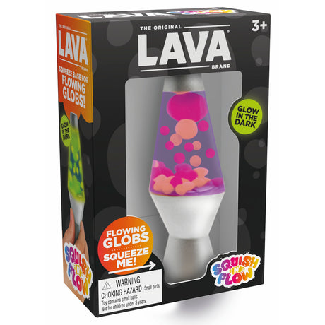 Original Lava Brand Squish N' Flow glow-in-the-dark sensory toy lamp for kids 3+ with pink and orange flowing globs.