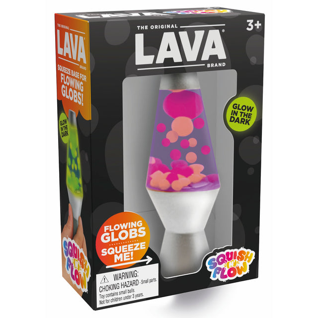 Original Lava Brand Squish N' Flow glow-in-the-dark sensory toy lamp for kids 3+ with pink and orange flowing globs.