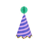 Purple and lavender striped cone party hat with a green honeycomb pom-pom and gold scalloped trim on a white background.