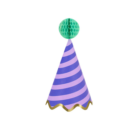 Purple and lavender striped cone party hat with a green honeycomb pom-pom and gold scalloped trim on a white background.