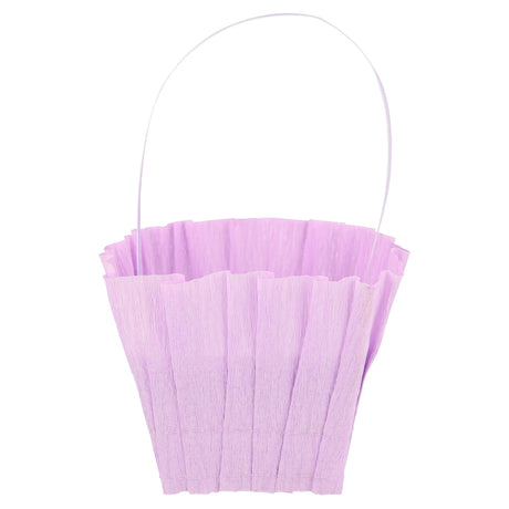 Small purple ruffled crepe paper Easter basket with a thin handle, ideal for party favors and spring celebrations.