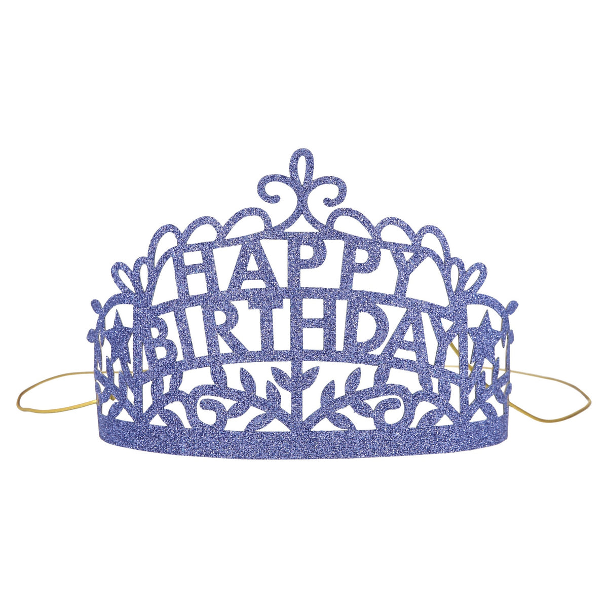 Purple glitter Meri Meri Happy Birthday party tiara with an elastic chin strap for accessibility and celebration.