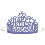 Purple glitter Meri Meri Happy Birthday party tiara with an elastic chin strap for accessibility and celebration.