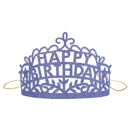 Purple glitter Meri Meri Happy Birthday party tiara with an elastic chin strap for accessibility and celebration.