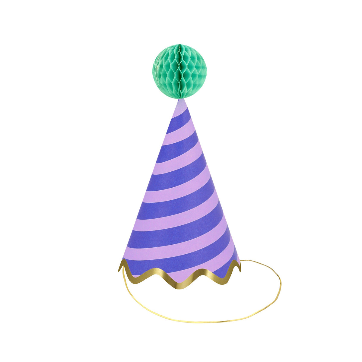 Purple and lilac striped party hat with a green honeycomb pom-pom and gold scalloped trim on a white background.