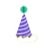 Purple and lilac striped party hat with a green honeycomb pom-pom and gold scalloped trim on a white background.
