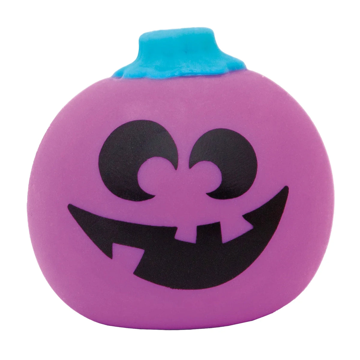 Purple NeeDoh Jack-Glow Lantern Halloween stress ball with blue stem and black jack-o-lantern face on white background.