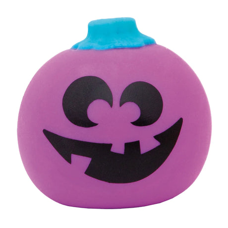 Purple NeeDoh Jack-Glow Lantern Halloween stress ball with blue stem and black jack-o-lantern face on white background.