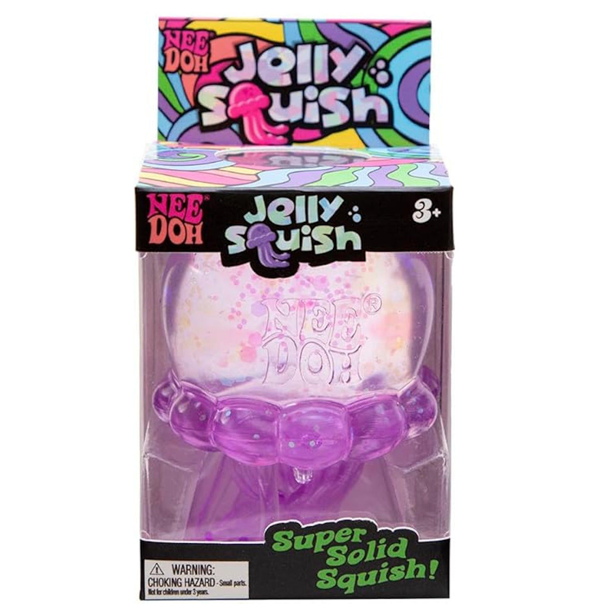 Purple translucent NeeDoh Jelly Squish jellyfish toy with glitter inside, packaged in a colorful "Super Solid Squish" box.