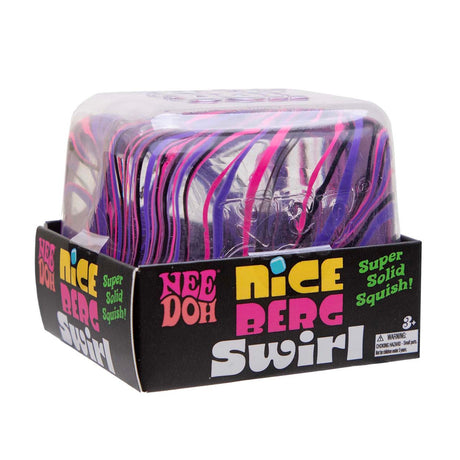 NeeDoh Niceberg Swirl fidget toy in packaging, featuring a clear squishy ice cube with pink and purple swirls.