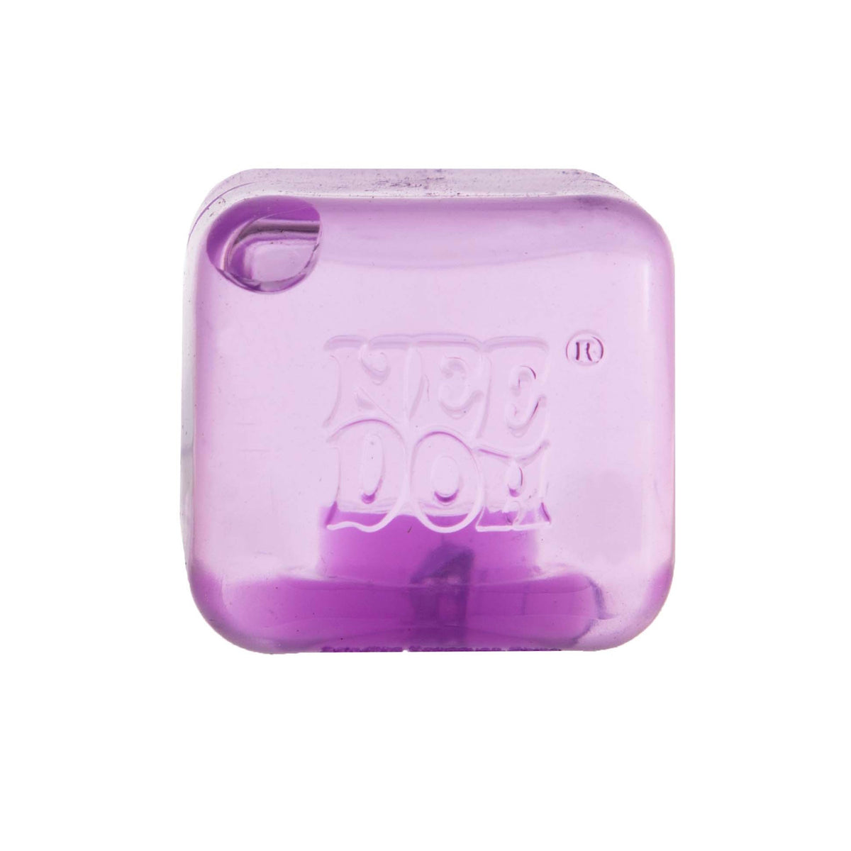 A single, small purple Teenie NeeDoh ice cube squishy toy centered on a white background.