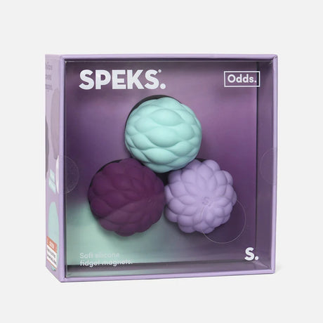 Boxed Speks Odds fidget magnets with three textured silicone spheres in light blue, dark purple, and lavender.