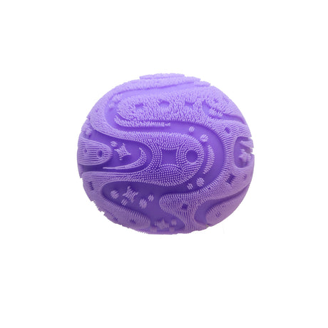 A textured, lavender-purple sensory ball with fuzzy, ridged patterns on a white background.