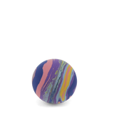 A round bouncy ball with a vibrant swirl pattern of purple, pink, yellow, and blue against a white background.