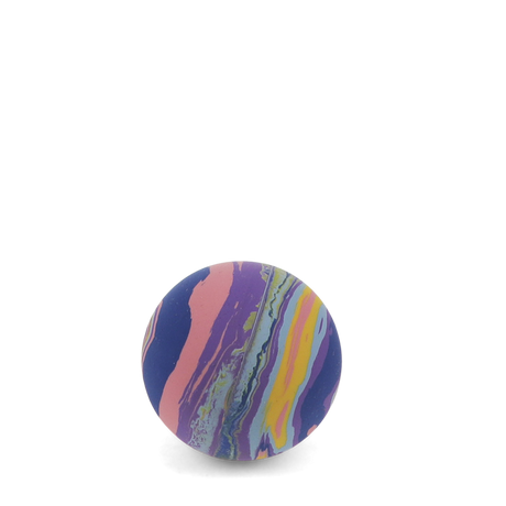A round bouncy ball with a vibrant swirl pattern of purple, pink, yellow, and blue against a white background.