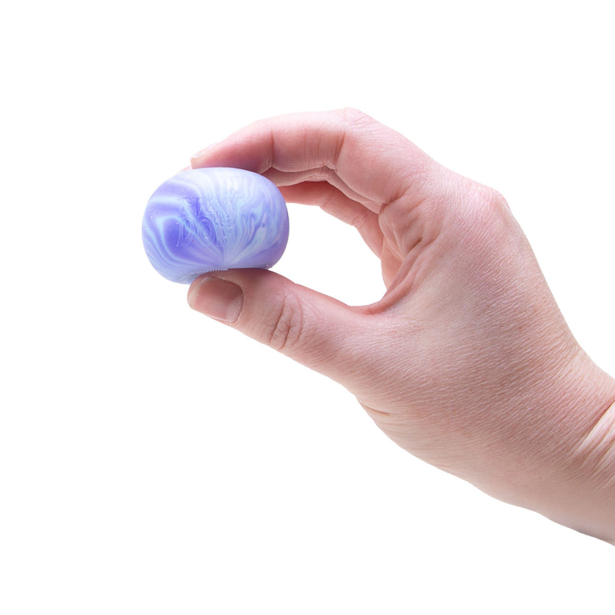 A hand holds a purple and white marbled Swirl Teenie NeeDoh fidget ball against a plain white background.