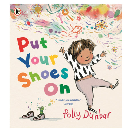 Children's book cover showing a happy child dancing in socks next to a pair of shoes.