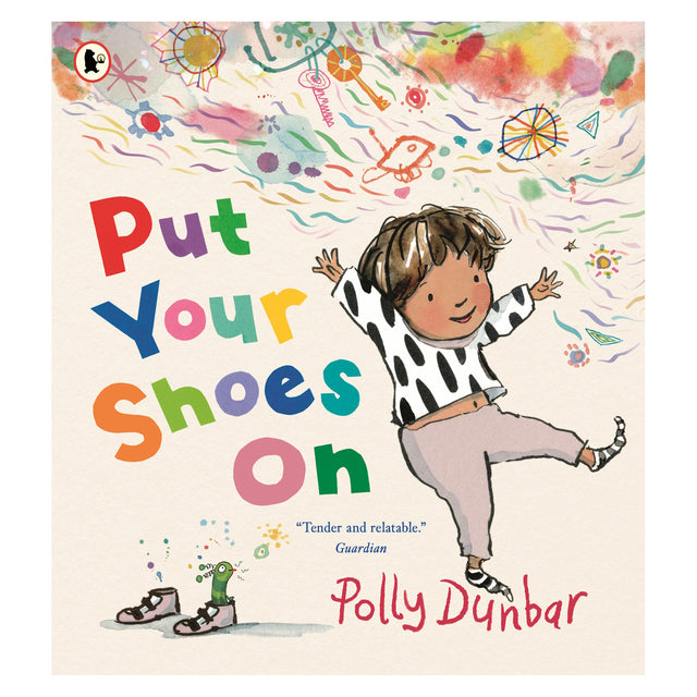 Children's book cover showing a happy child dancing in socks next to a pair of shoes.