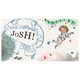 Children's book page showing a drawn monster shouting 'JoSH!' while a boy leaps amidst scattered shoes.