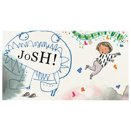 Children's book page showing a drawn monster shouting 'JoSH!' while a boy leaps amidst scattered shoes.