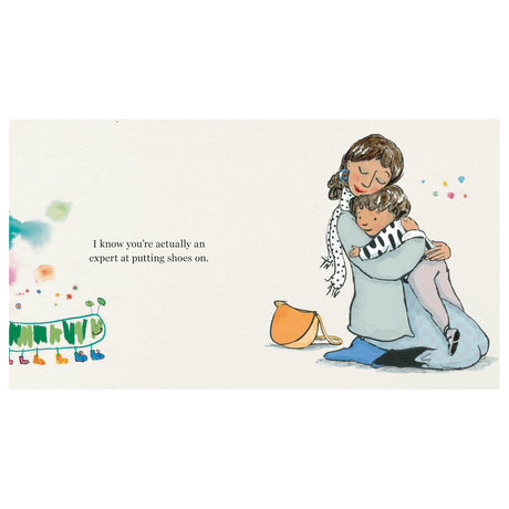 Children's book page showing a mother hugging her child warmly beside a cheerful, shoes-wearing caterpillar.