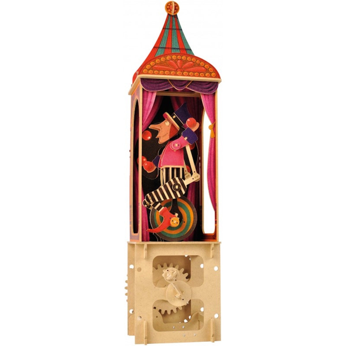 A colorful paper automaton depicts a clown juggling on a unicycle inside a circus-themed booth. The base shows visible gears, adding a playful tone.