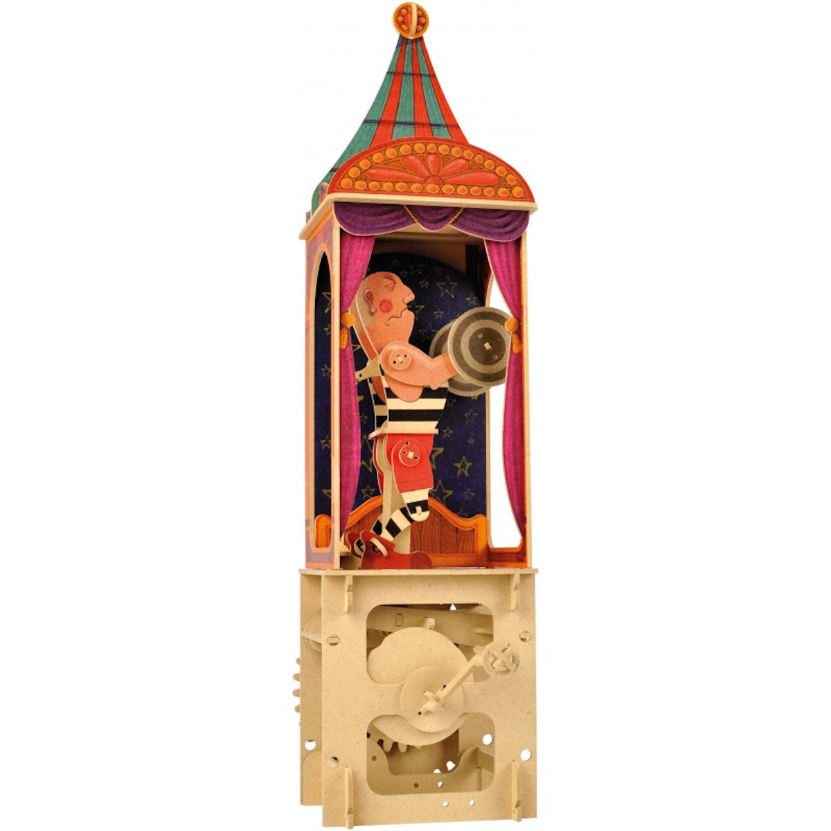 Wooden automaton of a strongman in a striped outfit lifting weights on a stage with a colorful circus tent. The base shows intricate gears.