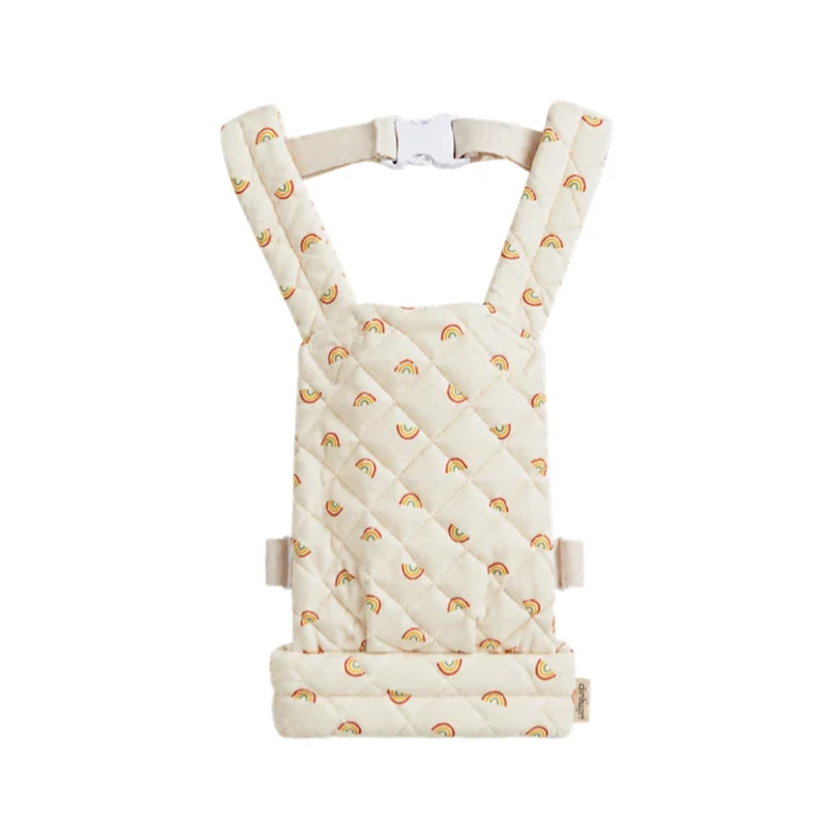 Quilted cream doll baby carrier featuring a colorful rainbow print and a white top buckle closure.