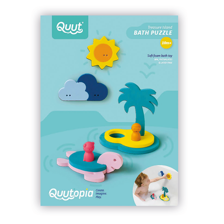 Quut Bath Puzzle packaging features a foam tropical island with a palm tree, sun, and cloud. Includes child playing in a tub, smiling. Bright and playful design.