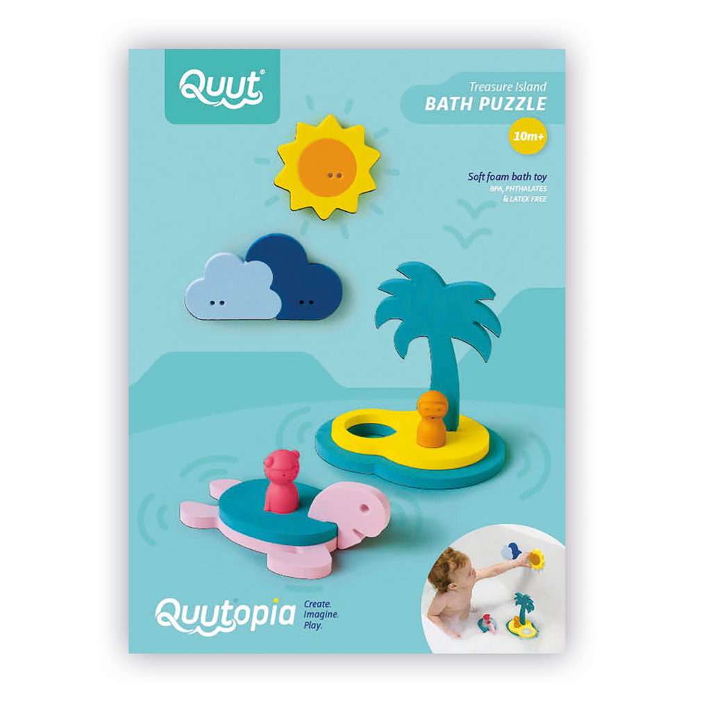 Quut Bath Puzzle packaging features a foam tropical island with a palm tree, sun, and cloud. Includes child playing in a tub, smiling. Bright and playful design.